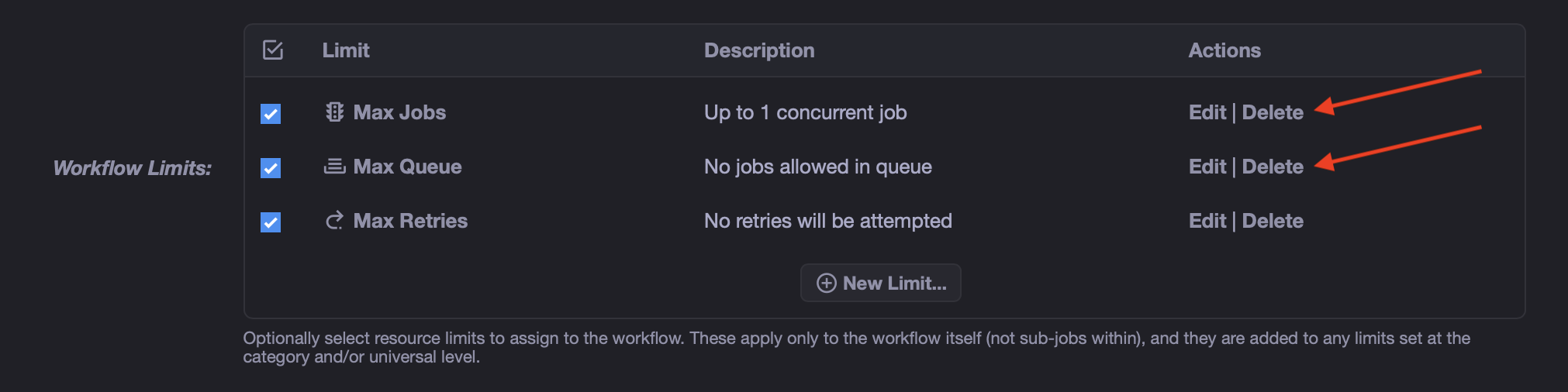 Inner workflow limits with arrows pointing to the Max Jobs and Max Queue delete buttons
