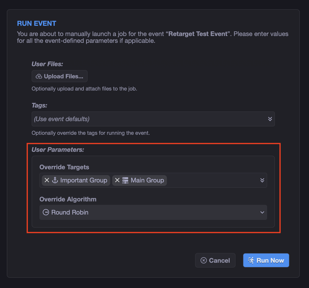 Run event dialog