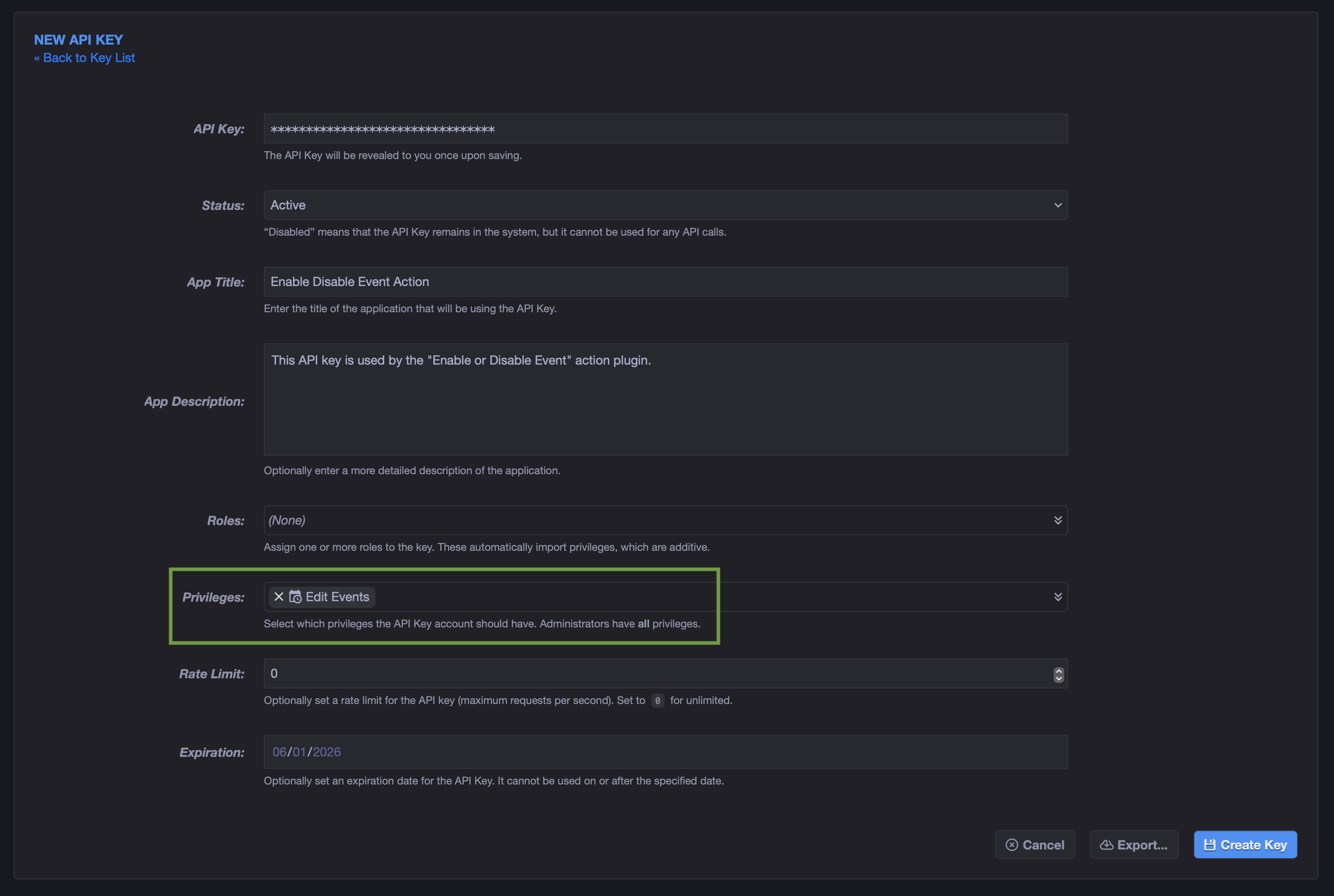 API Key creation page with the event editing privilege selected.