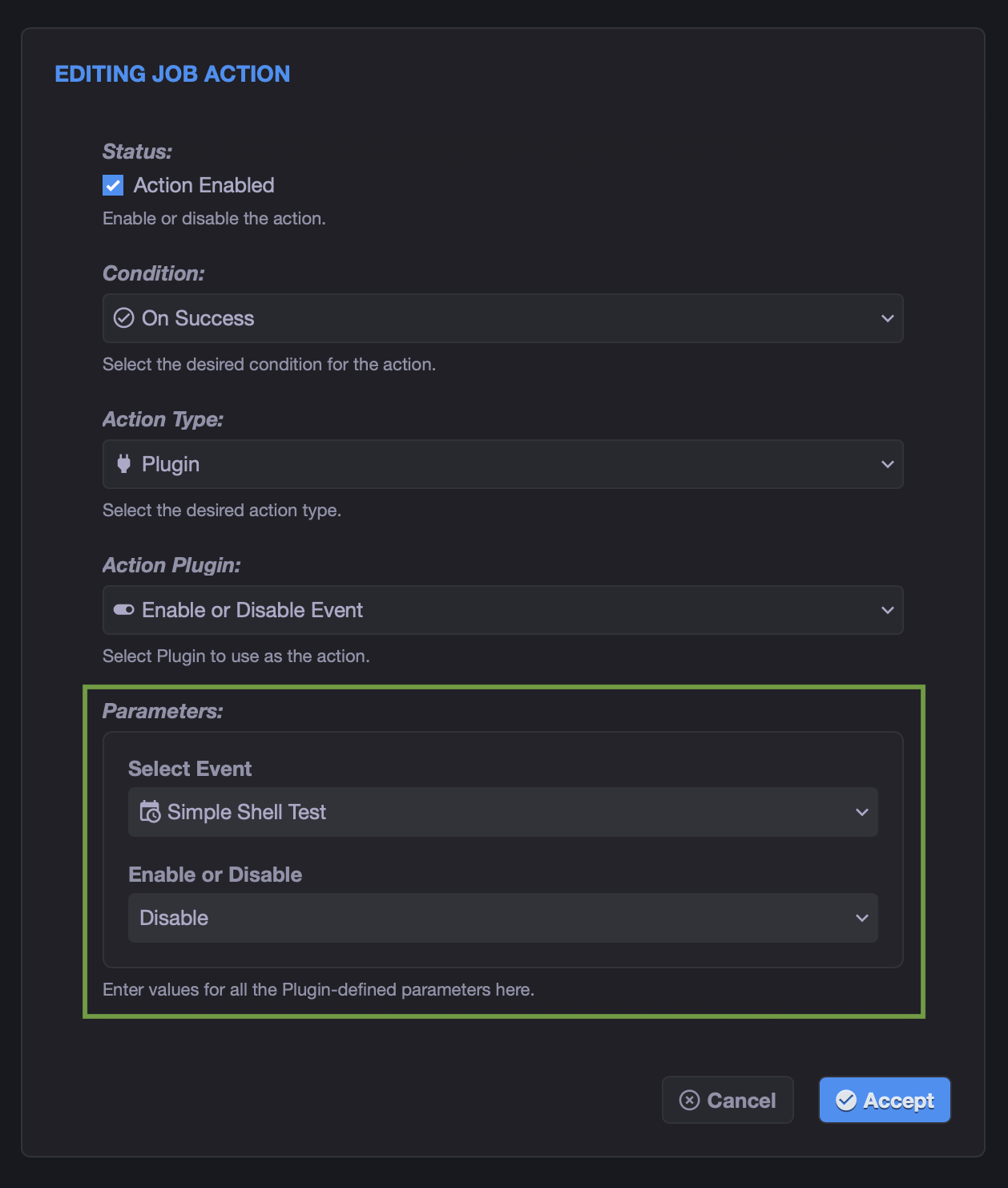 Configure action plugin inside event.