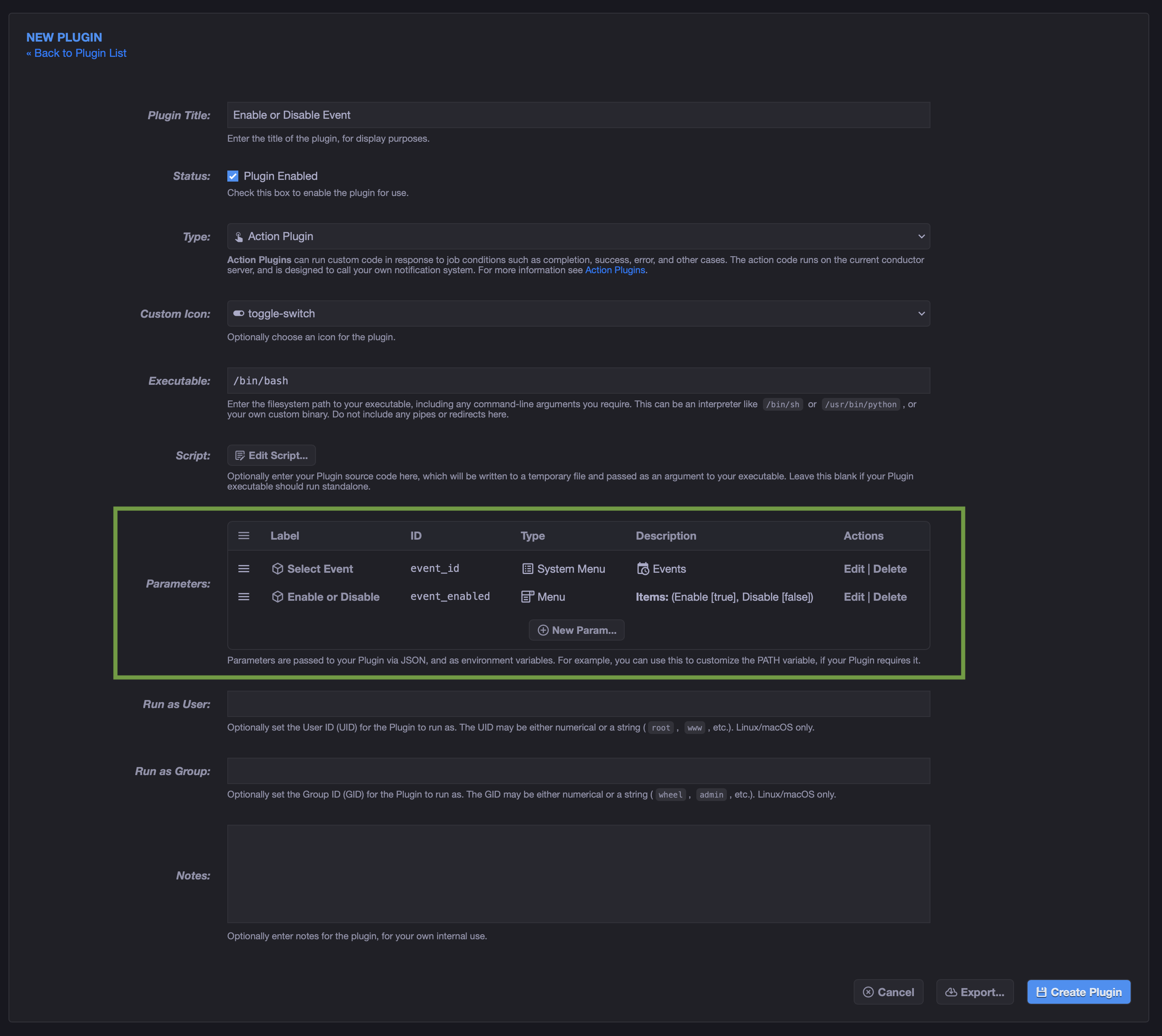 Plugin parameter list showing event_id and event_enabled.