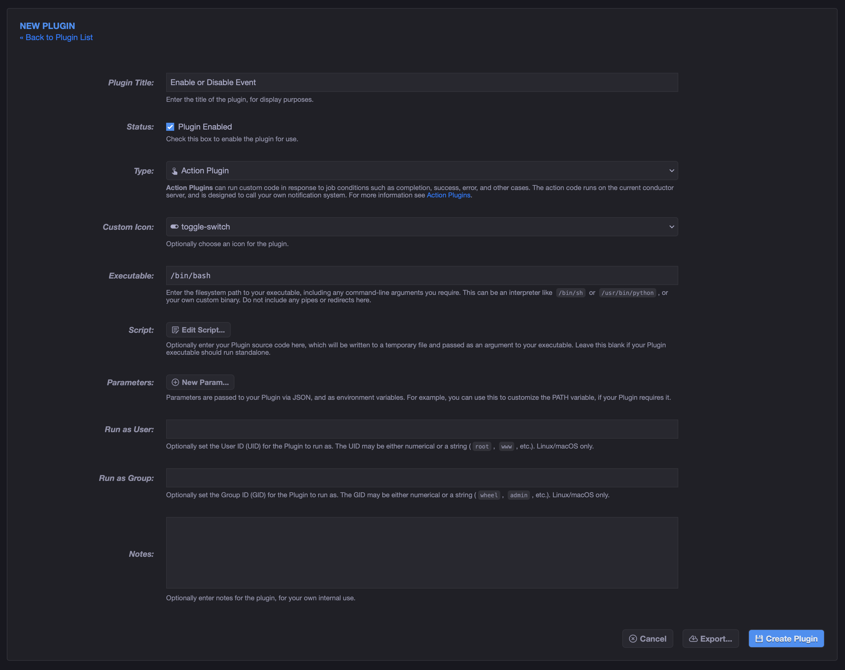 New Action Plugin form with title, executable, and script fields.