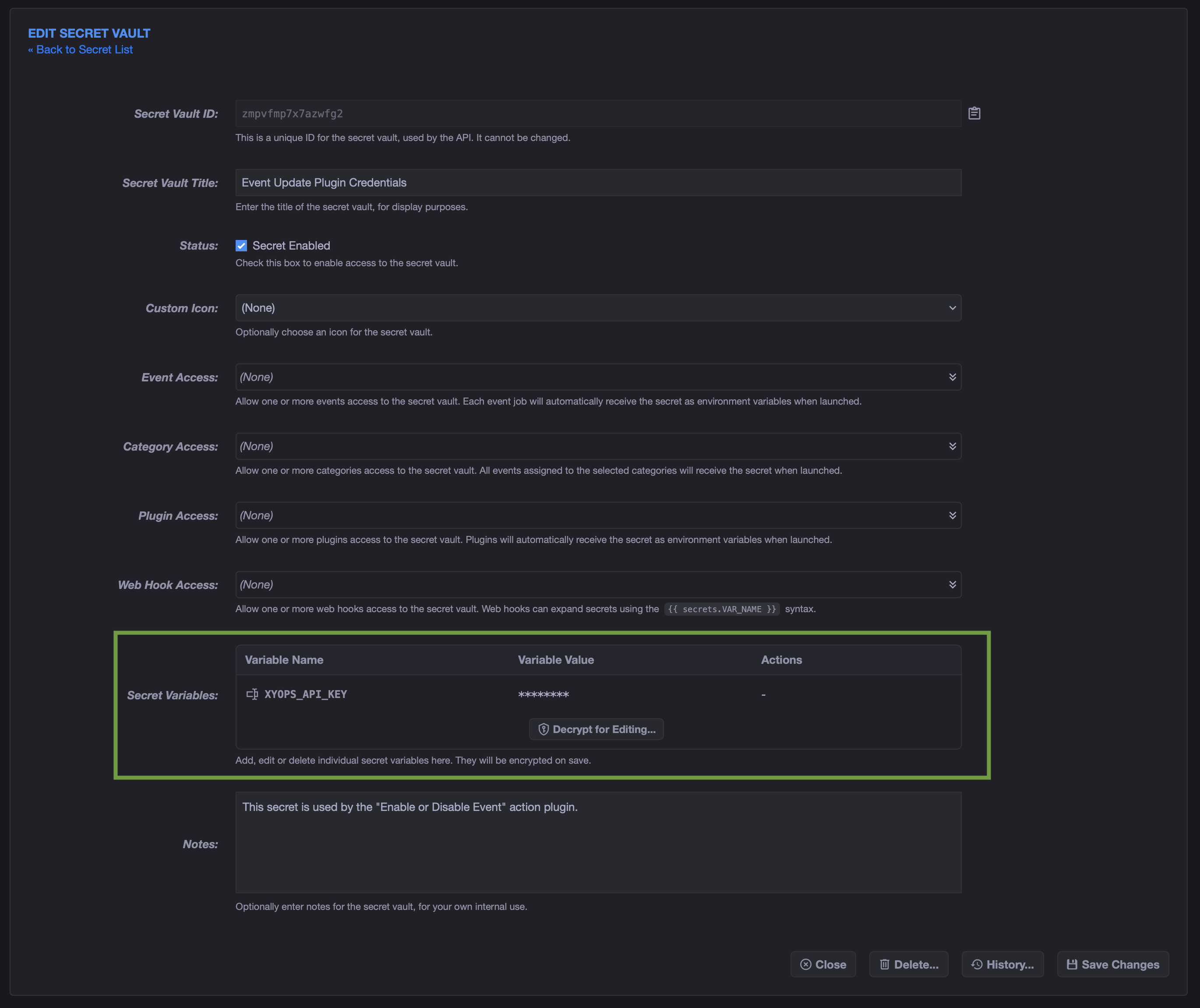 Secret Vault variable editor with XYOPS_API_KEY entered.