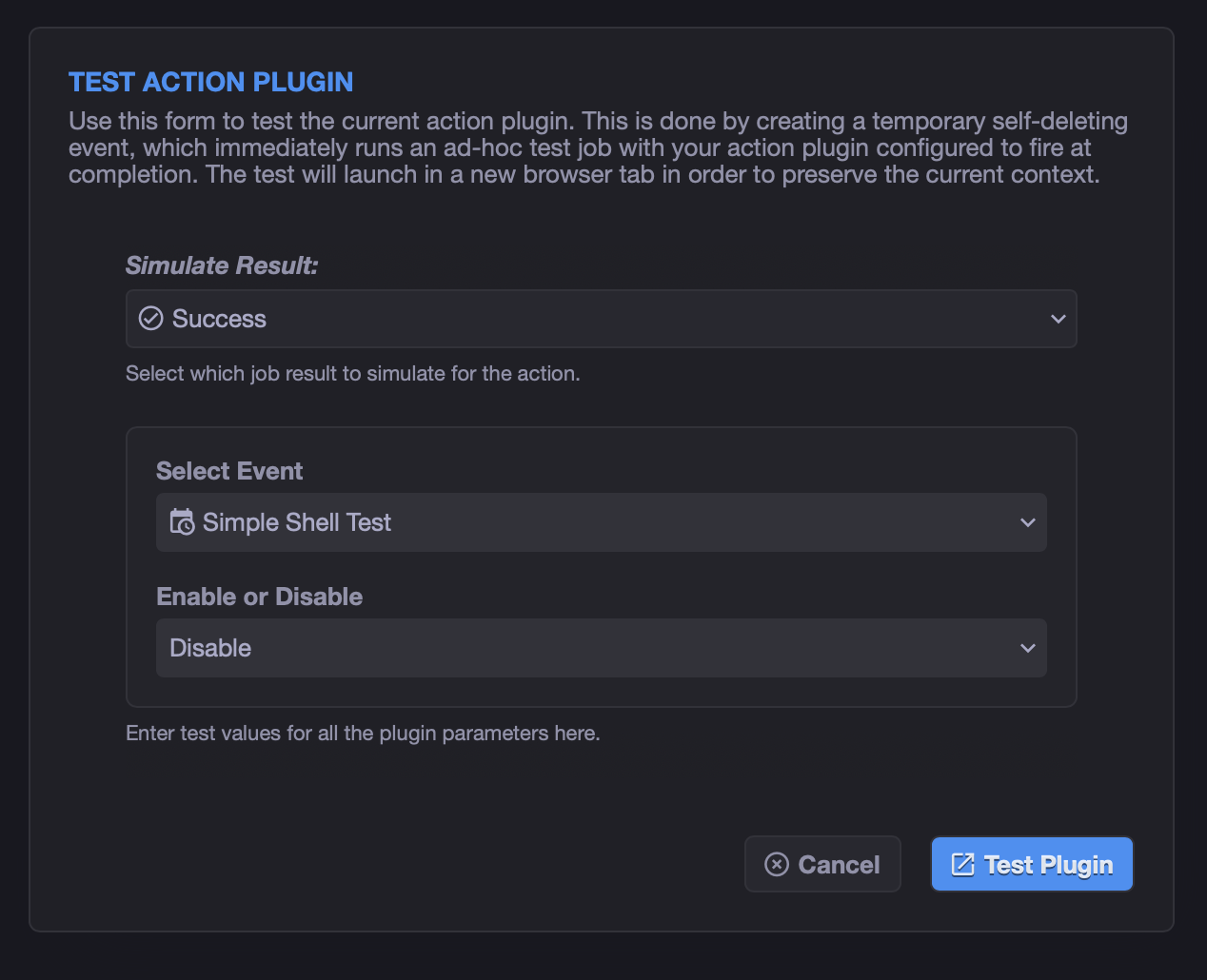 Test Action Plugin dialog.
